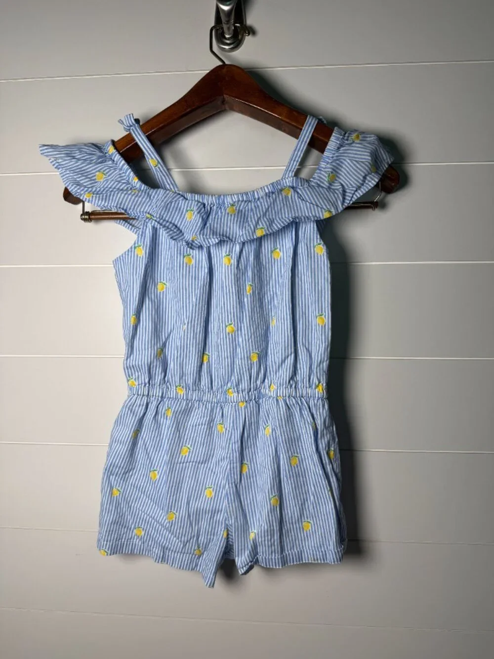 Janie & Jack Girls Short Romper Blue White Stripes with Lemons 100% Cotton Sz 7